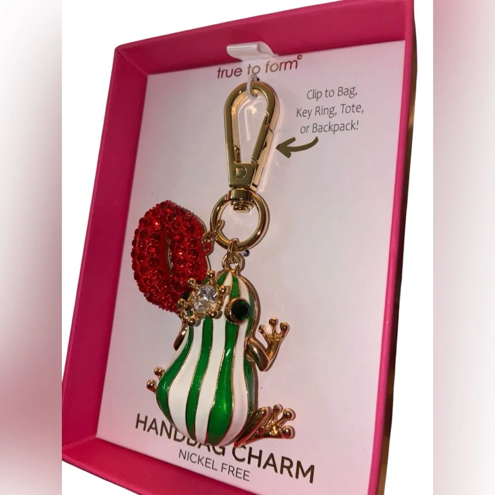 TRUE TO FORM Striped Frog and Red Crystal Lips Keychain or Bag Charm NEW NWT